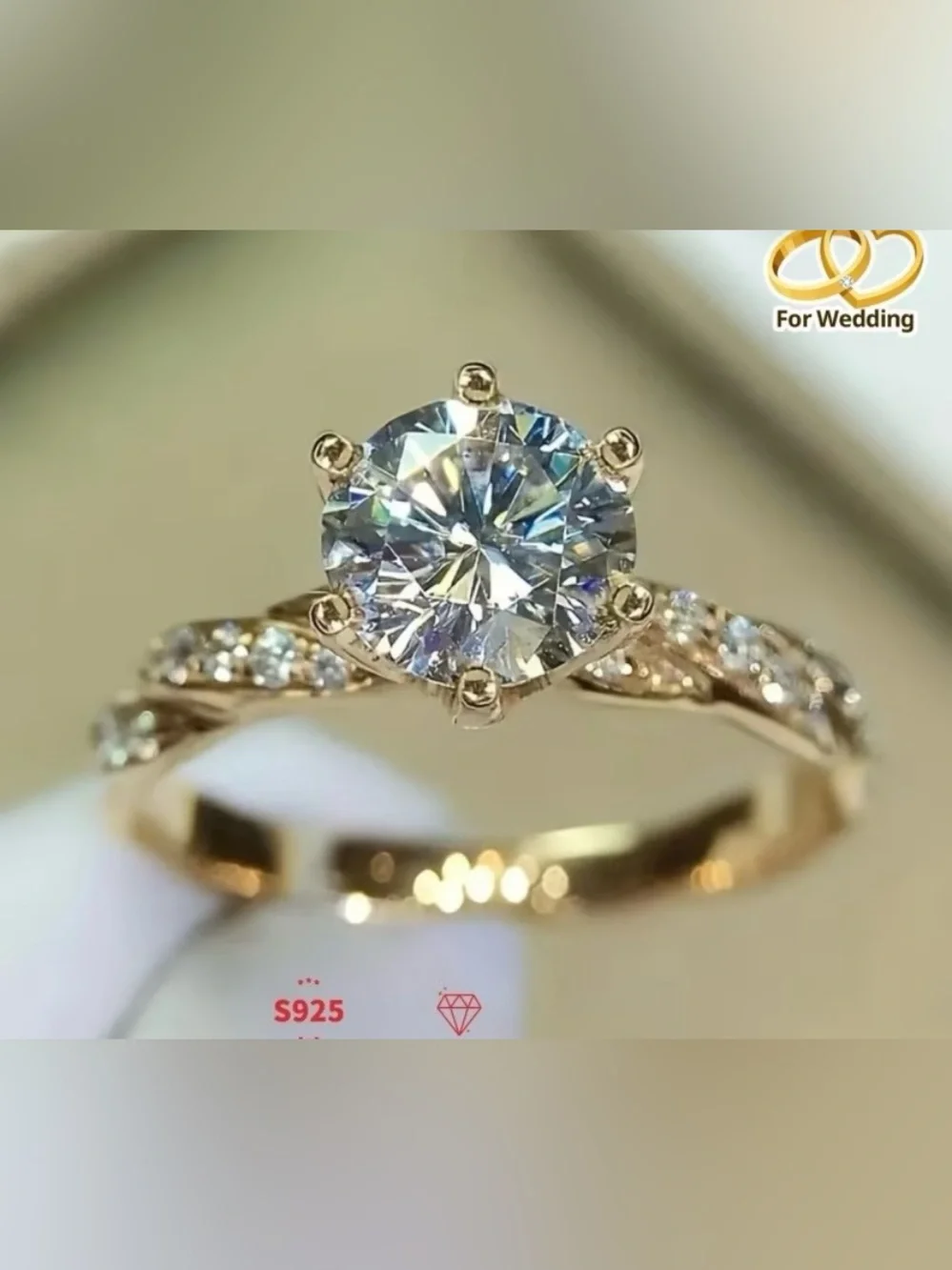 Classic Gold Tone Moissanite Like Solitaire Engagement Ring Elegant Carat Size 6